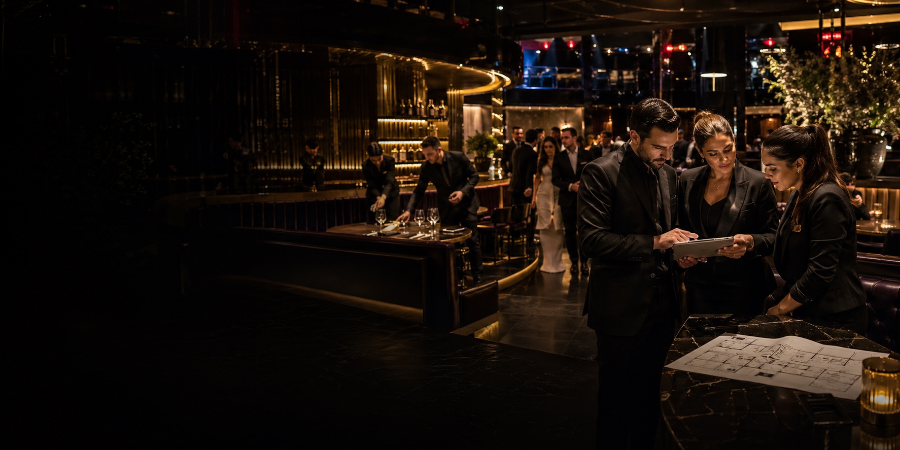 Luxury nightlife hospitality team coordinating a private event