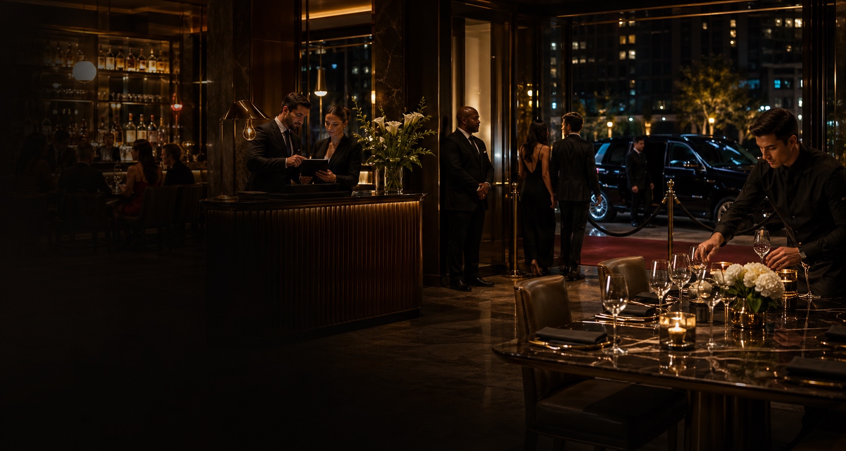 Luxury hospitality partner network coordinating dining, transport, security, and concierge service